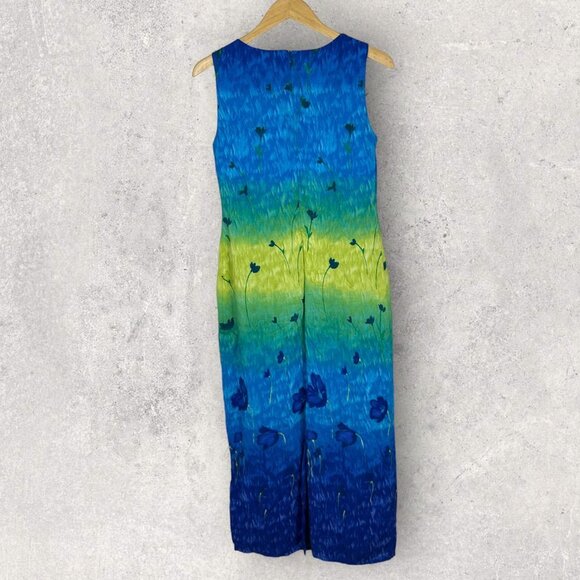 Vintage Chatcarel Bohemian Print Blue Yellow Maxi Shift Dress Size 6 Canada Made - Picture 3 of 11